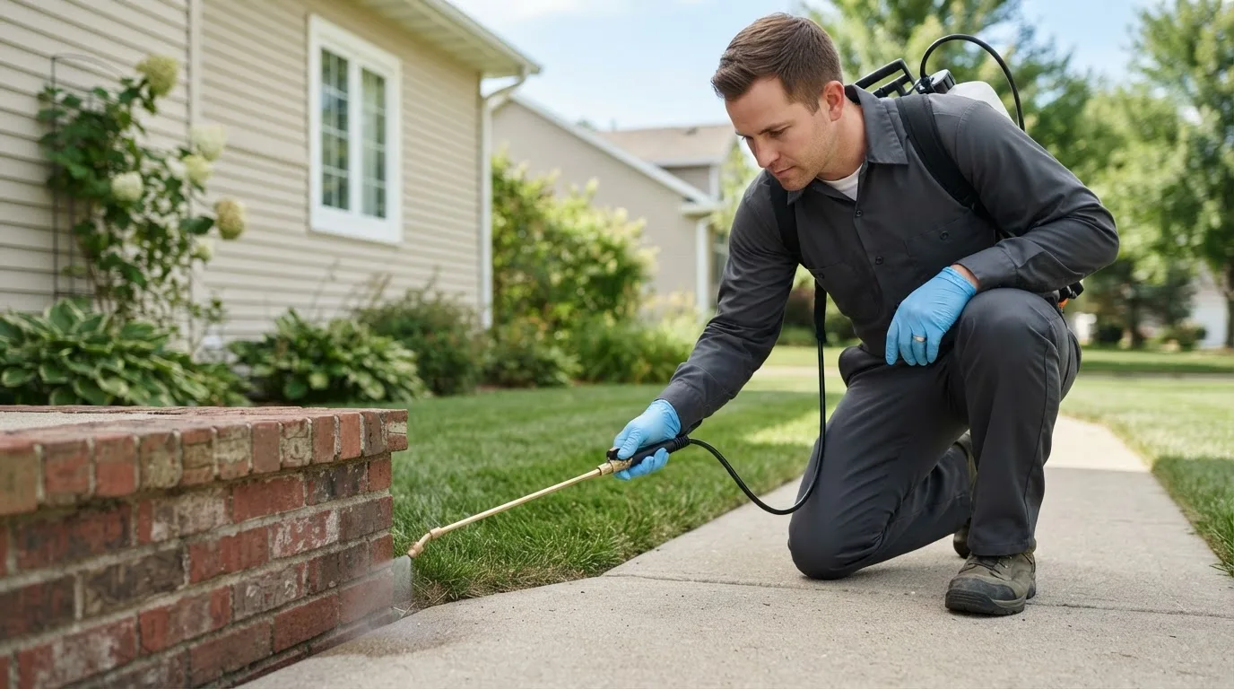Pest control technician treating a home near Indianola, IA