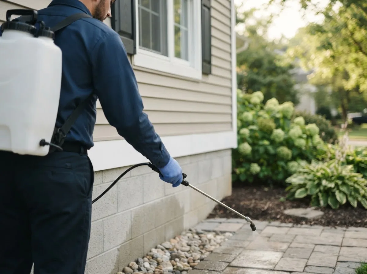 Pest control technician inspecting a home in Indianola, IA